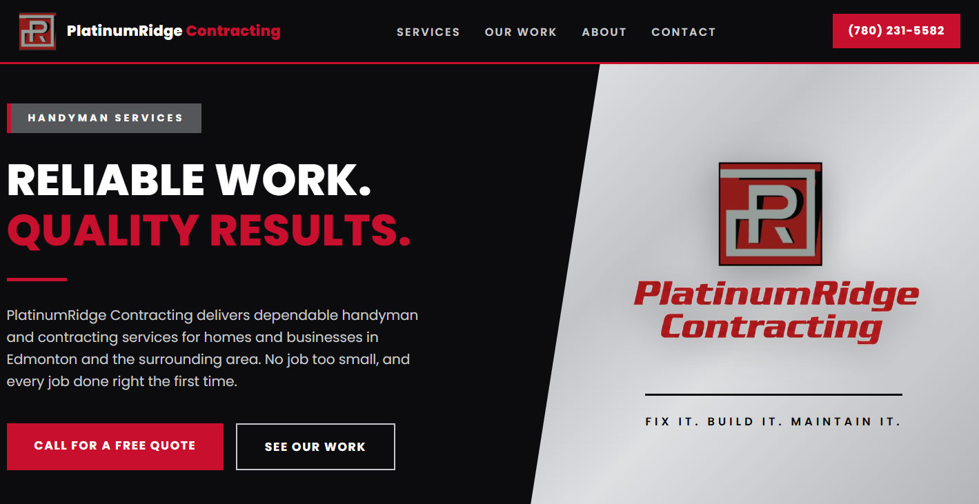 Platinum Ridge Contracting website homepage